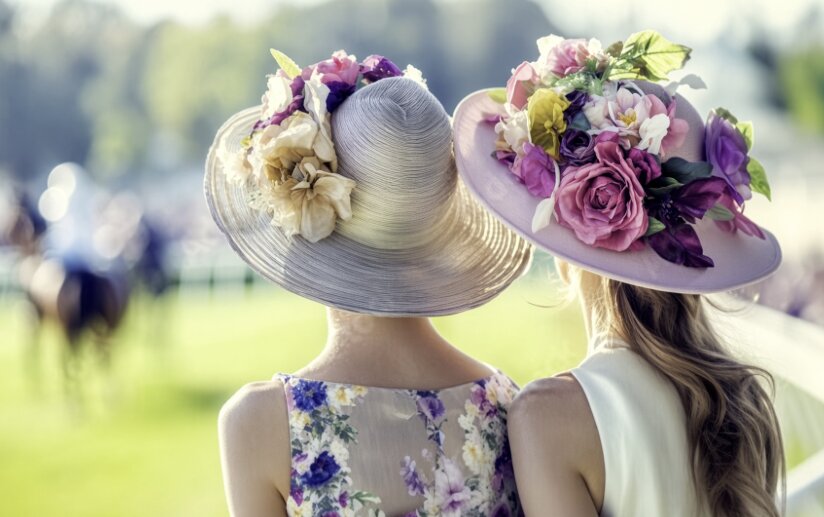 Two guests in wide-brimmed hats decorated with pastel flowers, viewed from behind